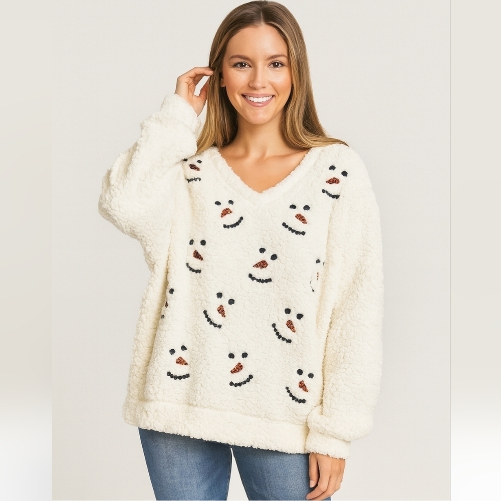 Fashion By Mirabeu Cozy White Sherpa Snowman Face Sweater Soft Fleece size L.